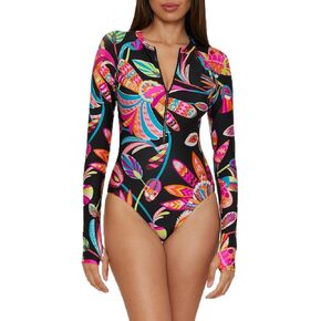 Trina Turk Women's Luminary Paddlesuit One Piece Swimsuit, Rash Guard, Uv Protection, Zip Front, Long Sleeve, Bathing Suits