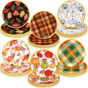 Uiifan 120 Pcs Thanksgiving Fall Paper Plates Retro Maple Leaf Pumpkin Plaid Dessert Plates Disposable Autumn Harvest Round Plates Dinnerware Photo Props Holiday Dinner Decoration, 6 Styles(9 Inch)