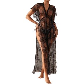 Women's 2 Piece Lingerie Set Lace Floral Sheer High Slit Maxi Babydoll Nightgown with Thongs