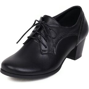 SHEMEE Women's Chunky Mid Heels Oxfords Vintage Round Square Toe Block Heeled Brogues Lace Up Work Offic Dress Shoes
