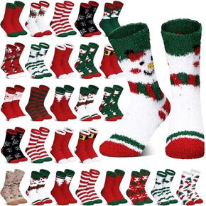 Hoolerry 30 Pairs Christmas Fuzzy Socks in Bulk for Women Adult Men Gifts Fluffy Holiday Winter Socks Unisex Colorful Socks Xmas Cozy Cold Weather Warm Crew Socks