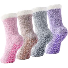 Fuzzy Socks for Women with Grippers - Slipper Socks Grippy Hospital Socks, Cozy Non-Slip Socks for Women, Warm Winter Socks for Women, Comfy Fluffy Sleep Socks House Socks 4 Pairs