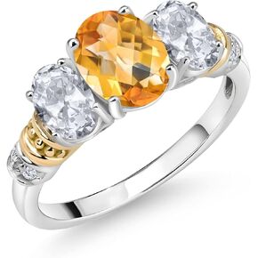 925 Sterling Silver and 10K Yellow Gold Oval Yellow Citrine White Topaz and White Diamond 3 Stone Ring For Women (2.48 Cttw, Gemstone November Birthstone, Available In Size 5, 6, 7, 8, 9)