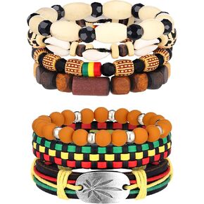Sureio 7 Pcs African Beaded Bracelet Adjustable Jamaica Jewelry Multi Layer Ethnic Tribal Braided Bracelet Men Women (Rustic)
