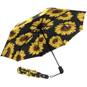 ZOEO Black Sunflower Travel Umbrella Floral Totes Auto Open Close Umbrella Windproof Compact Folding Reverse Umbrella Portable for Girls Women