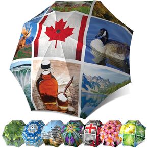 Canadian Flag Stylish Umbrella Auto Open Close Travel Umbrella for Ladies and Men - Lightweight Compact White Red Rain Umbrella - Folding Canada Goose Fashion Umbrella
