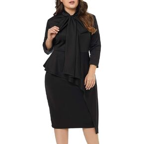 LALAGEN Women's Plus Size Long Sleeve Peplum Tie Neck Bodycon Pencil Midi Dress