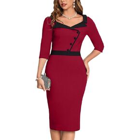 MUXXN Women's 1950s 3/4 Sleeve Pencil V Neck Midi Knee Length Bodycon Vintage Cocktail Dresses