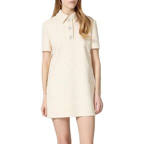 Women's Tweed Mini Shift Dress Polo Collared Party Formal Short Dress Rhinestone Button Up Work Tunic Dress
