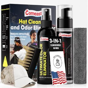 Hat Cleaner Kit,Ready-To-Use Foam,Quick Drying for Cleaning Baseball Caps of All Materials Cotton,Wool,Leather,Felt and More Cleans 50+ Hats (Cleaner 6.76oz+Deodorizer 6.76oz,Towel,Brush)