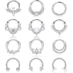 Besteel 12Pcs Septum Rings 16G Daith Earrings Nose Rings Hoop Stainless Steel CZ Opal Cartilage Helix Tragus Earrings Septum Clicker Piercing Jewelry Silver Black Rose Gold