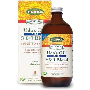 Flora Udo's Omega 3-6-9 Oil with DHA 17 Fl Oz Supplement - Organic, Plant Based, Vegan DHA, Superior to Fish Oil - Supports Cognitive Function & Eye Health