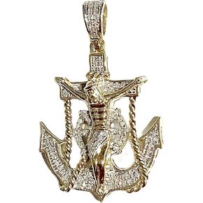 TGDJ Solid 10k Yellow Gold 0.28ct Jesus Cross Mariner Charm Anchor Crucifix Diamond Pendant