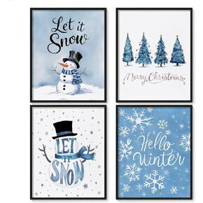 NOCTMETEOR 4Pcs Blue Christmas Decorations, Snowman Snowflakes Winter Wall Decor for Bathroom Living Room, 8x10 Inches Unframed