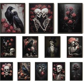 97 Decor Romantic Gothic Wall Decor - Skull Decor For Home, Vintage Gothic Decor For Bedroom, Goth Room Decor Aesthetic, Dark Raven Skull Wall Art, Gothic Pictures Skeleton Art Prints (8x10 Unframed)