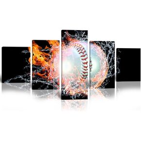 HJY Art 5 Pieces Baseball Wall Art Pictures for Living Room Bedroom Gym Abstract Wall Decor Black Cool Sport Ball on Fire and Water on Canvas Prints Poster Framed Artwork (60''W x 32''H)