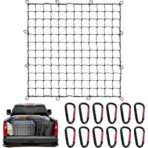 Cargo Net for Pickup Truck Bed 4' x 4' Stretches to 8' x 8' Ruck Bed Cargo Net with 12 Metal Carabiners - Truck Bed Accessories for Dodge RAM, Ford, Chevy, Toyota in Saudi Arabia