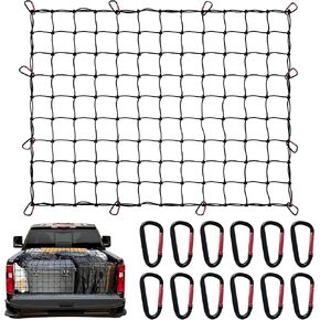 Cargo Net for Pickup Truck Bed 4' x 4' Stretches to 8' x 8' Ruck Bed Cargo Net with 12 Metal Carabiners - Truck Bed Accessories for Dodge RAM, Ford, Chevy, Toyota