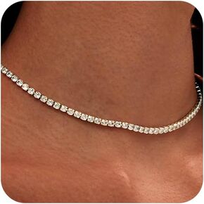 Tennis Necklace for Women 14K Gold Plated or Silver Rhinestone Choker Necklaces Dainty Zirconia Cut Faux Diamond chain 3mm