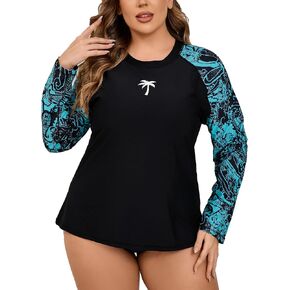 Halcurt Womens Plus Size Long Sleeve Rash Guard Swim Top with Built in Bra Loose Fit UPF50+ Sun Protection Swimsuit