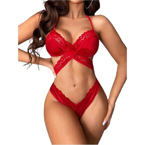 Women's 2 Piece Floral Lace Lingerie Halter Criss Cross Wireless Bra and Cheeky V Waist Panty Set