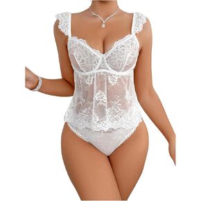 SHENHE Women's 2 Piece Lace Lingerie Set Sheer Ruffle Babydoll Bra and Panty Set Nightwear