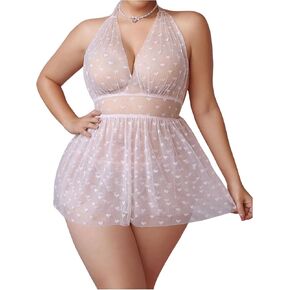 OYOANGLE Women's Plus Size 2 Piece Heart Print Mesh Sheer Chemise with Thongs Babydoll Lingerie Set