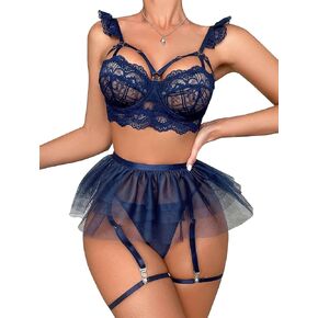 Lilosy Sexy Garter Skirt Wireless Strappy Lingerie Set Women Floral Lace Bralette and Panty 3 Piece