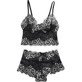 SweatyRocks Women's Floral Lace Lingerie Set Sheer Bralette Bra and Boyshorts Underwear