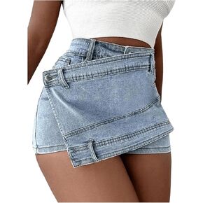 SHENHE Women's Vintage Mini Denim Skorts Wrap Overlay Irregular Stretchy Cargo Shorts