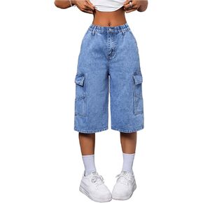 MakeMeChic Women's Elastic High Waist Button Pocket Zipper Fly Wide Leg Denim Bermuda Shorts Bottoms