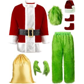 Green Christmas Costume for Men Halloween Costumes Adult Santa Costume with Mask 8PCS Deluxe Funny Cosplay