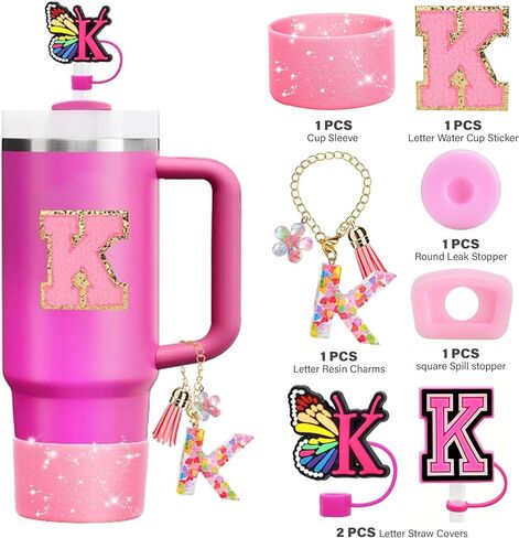 مجموعة إكسسوارات كأس ستانلي الوردي 7 قطع تتضمن حزام مقبض زجاجة المياه، ملصق حرف M، حذاء كأس ستانلي Siliocne، غطاء من القش السيليكون، سحر ستانلي لكوب ستانلي 40 و30 أونصة in Kuwait