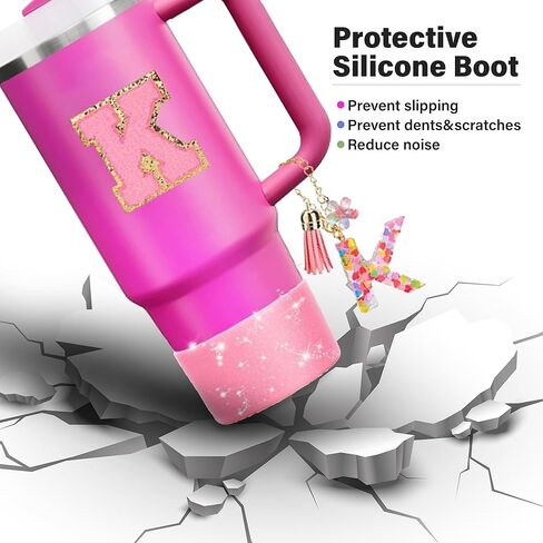 مجموعة إكسسوارات كأس ستانلي الوردي 7 قطع تتضمن حزام مقبض زجاجة المياه، ملصق حرف M، حذاء كأس ستانلي Siliocne، غطاء من القش السيليكون، سحر ستانلي لكوب ستانلي 40 و30 أونصة in Kuwait