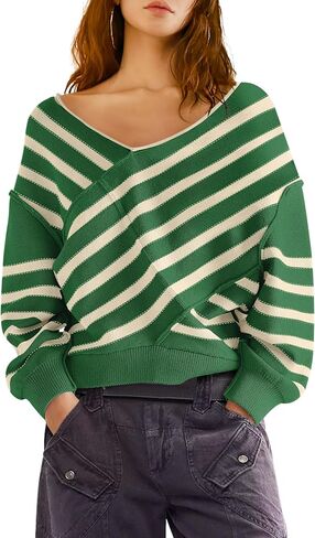 Panadila Womens Striped Off Shoulder Sweater Oversized Long Sleeve V Neck Sweater Tops Knitted Color Block Pullover in Saudi Arabia
