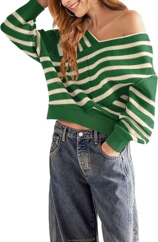 Panadila Womens Striped Off Shoulder Sweater Oversized Long Sleeve V Neck Sweater Tops Knitted Color Block Pullover in Saudi Arabia