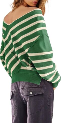 Panadila Womens Striped Off Shoulder Sweater Oversized Long Sleeve V Neck Sweater Tops Knitted Color Block Pullover in Saudi Arabia