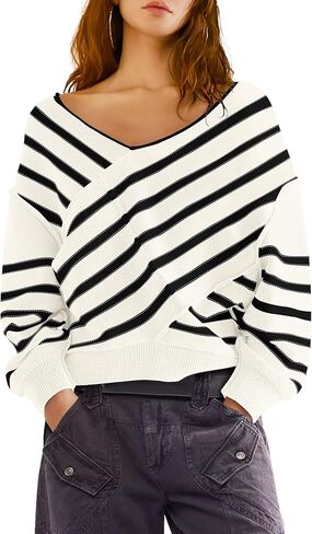Panadila Womens Striped Off Shoulder Sweater Oversized Long Sleeve V Neck Sweater Tops Knitted Color Block Pullover in Saudi Arabia