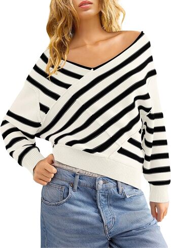 Panadila Womens Striped Off Shoulder Sweater Oversized Long Sleeve V Neck Sweater Tops Knitted Color Block Pullover in Saudi Arabia