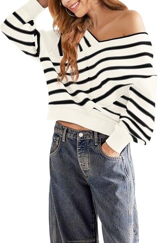 Panadila Womens Striped Off Shoulder Sweater Oversized Long Sleeve V Neck Sweater Tops Knitted Color Block Pullover in Saudi Arabia