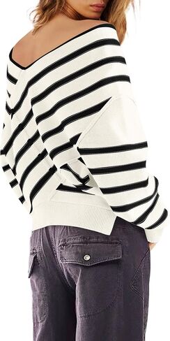 Panadila Womens Striped Off Shoulder Sweater Oversized Long Sleeve V Neck Sweater Tops Knitted Color Block Pullover in Saudi Arabia