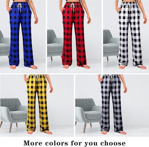 Womens Pajama Pants Comfy Plaid Lounge Pants Casual Stretch Sleepwear Bottoms with Pockets in Saudi Arabia