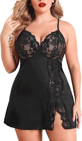 Avidlove Plus Size Lingerie For Women Sexy Satin Nightgown Lace Babydoll Side Slit Strappy Chemise Nightwear in Saudi Arabia