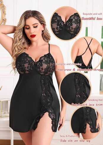 Avidlove Plus Size Lingerie For Women Sexy Satin Nightgown Lace Babydoll Side Slit Strappy Chemise Nightwear in Saudi Arabia