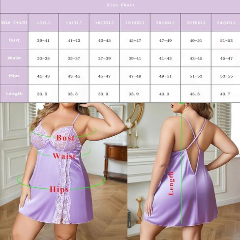 Avidlove Plus Size Lingerie For Women Sexy Satin Nightgown Lace Babydoll Side Slit Strappy Chemise Nightwear in Saudi Arabia