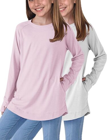 Liberty Pro 2-Pack Girls' Loose Fit Long Sleeve Tunic Tops with Pockets and Thumb Holes, Casual T Shirts for Tween Kids in Saudi Arabia
