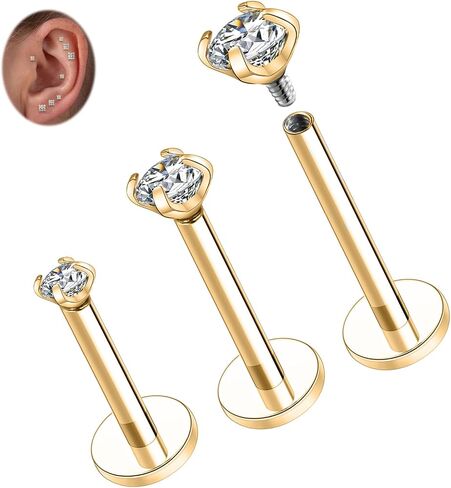 PEAKLINK G23 Titanium Labret Studs Lobe Earrings Lip Piercings Cartilage Earrings Helix Studs Internally Threaded Monroe Medusa Ring 18G 16G Tragus Conch Studs with CZ for Women Men 3 PCS in Saudi Arabia