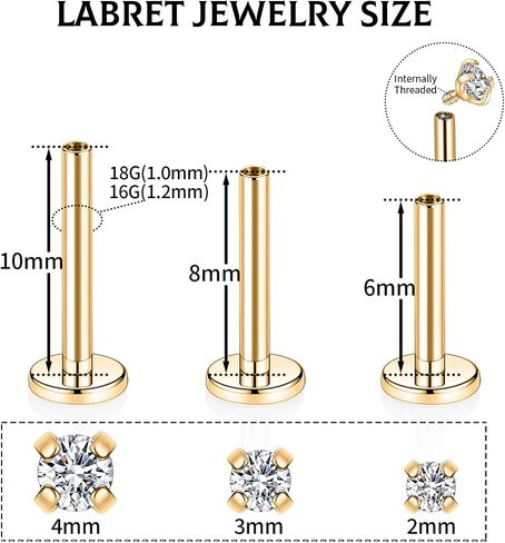 PEAKLINK G23 Titanium Labret Studs Lobe Earrings Lip Piercings Cartilage Earrings Helix Studs Internally Threaded Monroe Medusa Ring 18G 16G Tragus Conch Studs with CZ for Women Men 3 PCS in Saudi Arabia