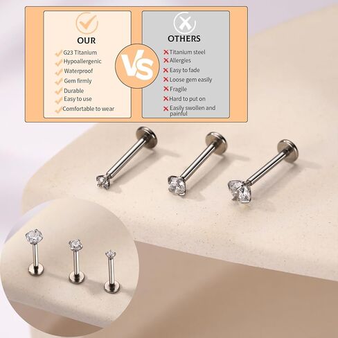 PEAKLINK G23 Titanium Labret Studs Lobe Earrings Lip Piercings Cartilage Earrings Helix Studs Internally Threaded Monroe Medusa Ring 18G 16G Tragus Conch Studs with CZ for Women Men 3 PCS in Saudi Arabia