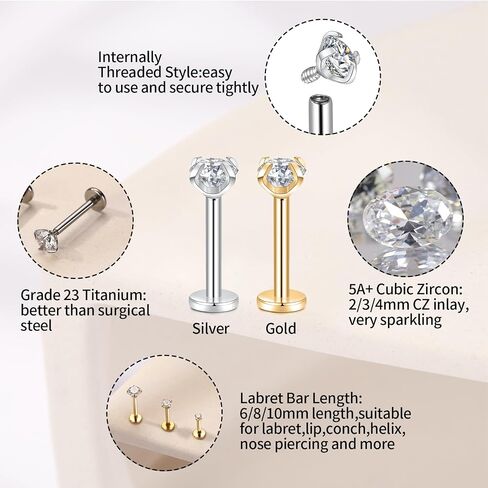 PEAKLINK G23 Titanium Labret Studs Lobe Earrings Lip Piercings Cartilage Earrings Helix Studs Internally Threaded Monroe Medusa Ring 18G 16G Tragus Conch Studs with CZ for Women Men 3 PCS in Saudi Arabia